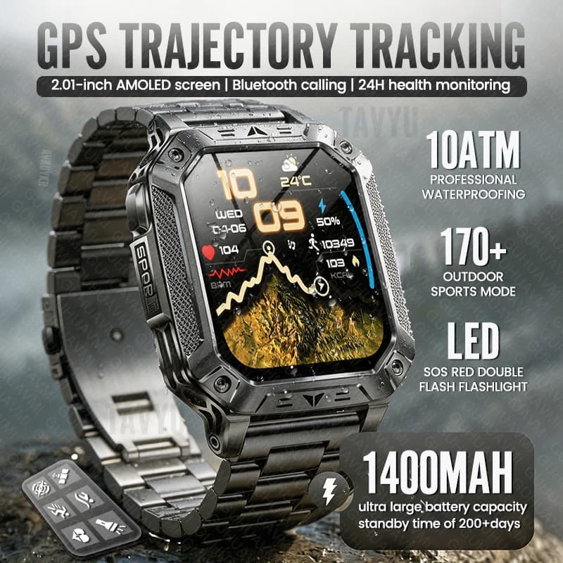 Nuovo Smartwatch GPS Outdoor 2026 con Batteria da 1400mAh, Impermeabile 10ATM, Torcia, Chiamate Bluetooth, Monitoraggio Sportivo, Display AMOLED HD per Uomo