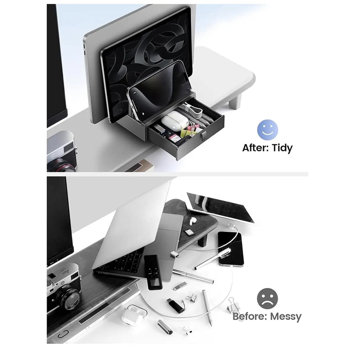 【AT48】 NUOVO Supporto Verticale per Laptop con Cassetto, Porta Laptop in Plastica a Doppio Scomparto con Design Salvaspazio, Regolabile
