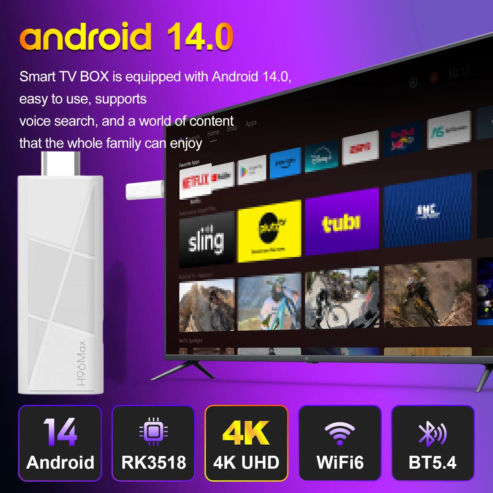 H96 Max RK3518 Android14.0 TV Stick Quad Core 4K Wifi6 BT5.4 BT Voice Assistant Remote Control Game Media Player Smart TV Box