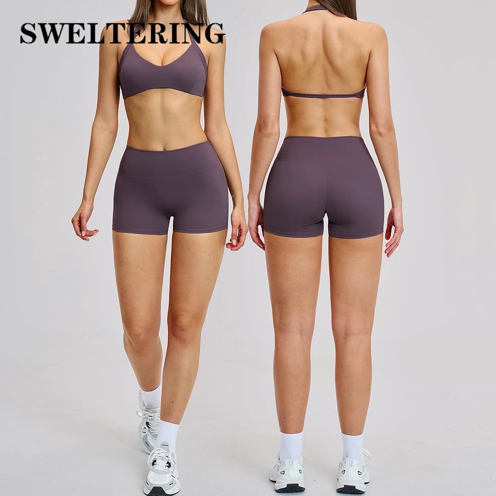 Completo Yoga da Donna 2 Pezzi, Set Fitness con Top a V Profondo, Abbigliamento Sportivo Femminile, Completo con Pantaloncini da Ciclismo, Abbigliamento Atletico