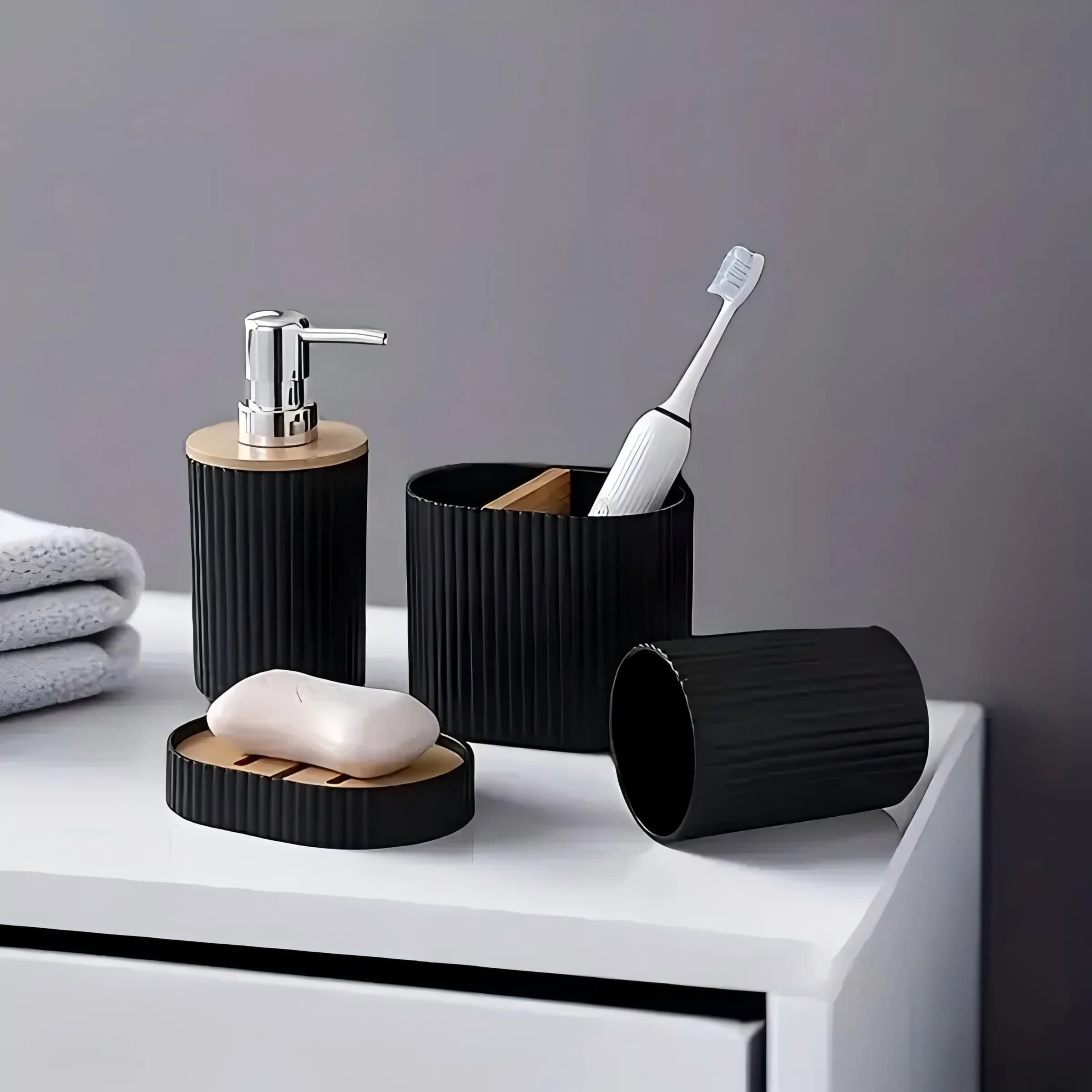 Set da bagno 4 pezzi, set regalo in plastica, portaspazzolino, bicchiere per spazzolino, dispenser sapone, portasapone, articoli essenziali per la casa