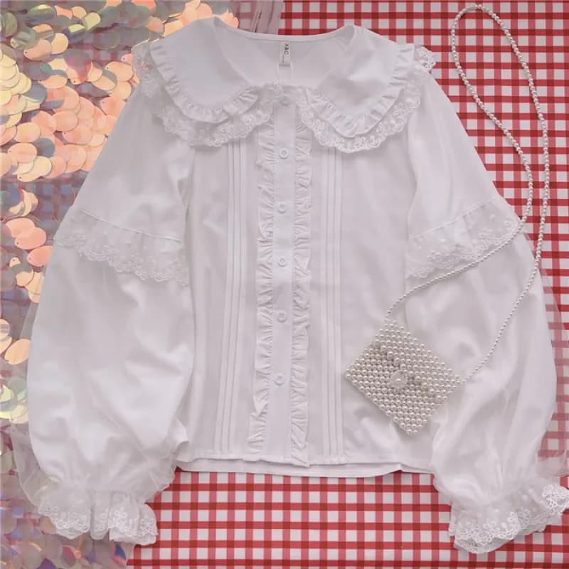 Camicia Lolita Camicette stile preppy bianche eleganti da donna Camicette carine con colletto alla Peter Pan in pizzo con volant JK Camicie Ragazze Manica lunga Blusas Mujer