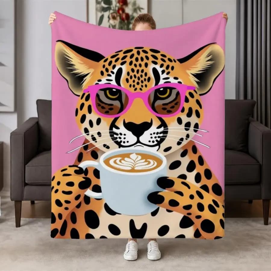 Playful Cheetah Pop Art Flannel Throw Blanket - Soft Pink Weighted Bedspread Suitable for Couch, Bed, Office & Travel, Machine Washable Cozy Gift for &, Warm Pink Cheetah Design, - Contemporary Bedding, 2D Flat
