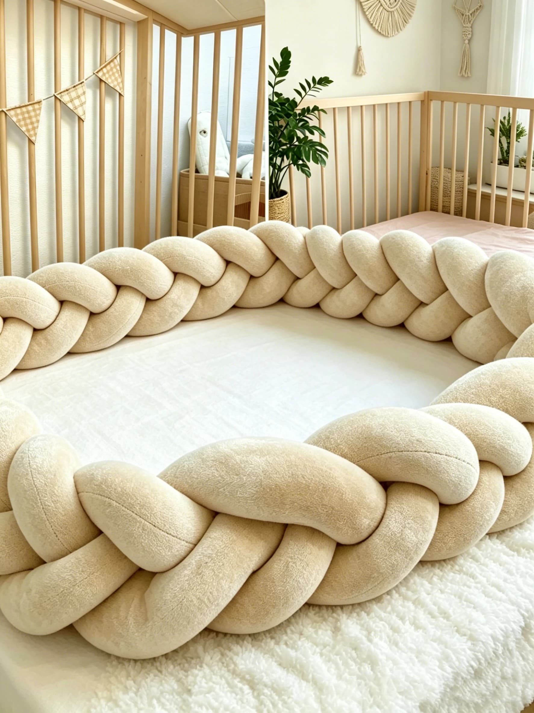 Boho Braided Crib Bumper Pillow, Handmade Knotted Baby Bed Bumper, Anti-Collision Crib Rail Cover, Neutral Nursery Essential