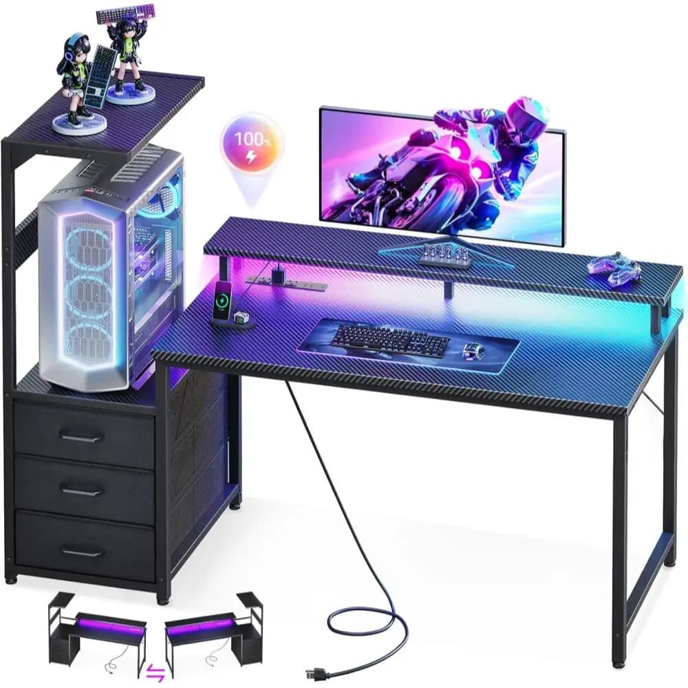 Scrivania da Gaming da 52 Pollici con Porte USB e Luce LED - Scrivania per Computer Reversibile con 3 Cassetti in Tessuto, Supporto per Monitor