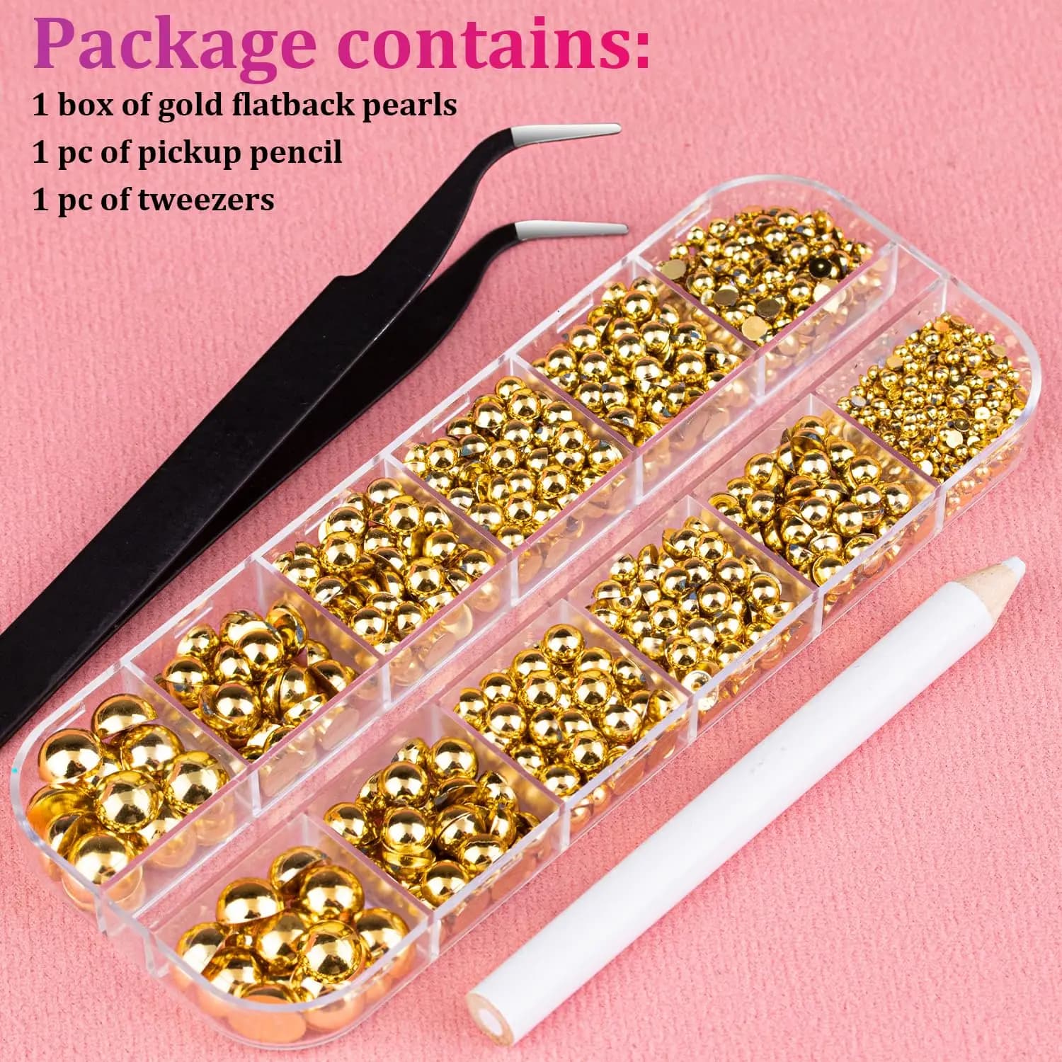 12 griglie 3D oro semicircolare perle ciondoli per unghie 6 dimensioni semicerchio perla decorazione per unghie artistiche + 1 pinzette e penna pickup accessorio per manicure fai da te