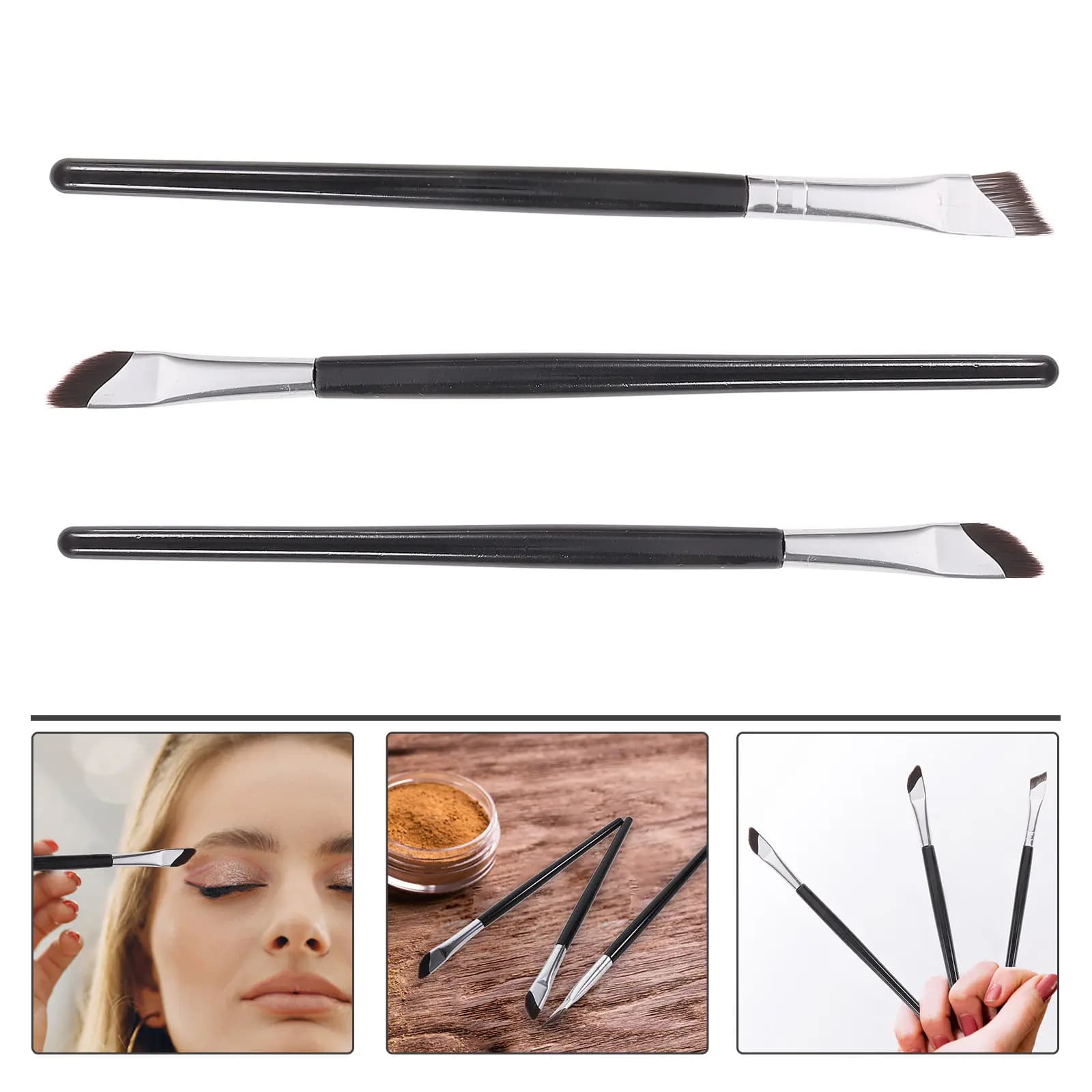 Set di 3 Pennelli Angolati per Eyeliner, Strumenti per Trucco Occhi, Pennello Correttore Sopracciglia, Applicatore Ombretto, Pennello di Precisione per Sopracciglia