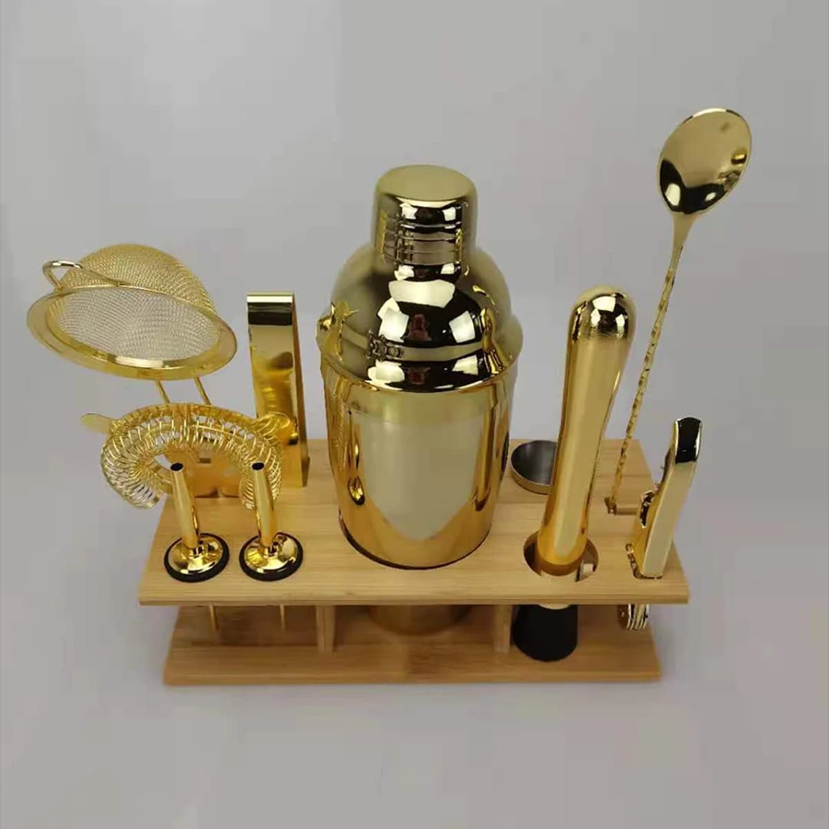 Stainless Steel Cocktail Shaker Set Bamboo Stand Base Classic Bar Tools Kit for Professional Cocktail Decanter Tool Set