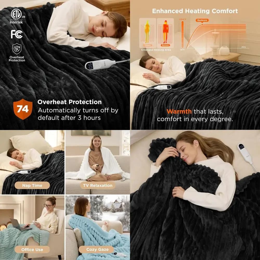 Coperta elettrica doppia in flanella a righe spesse di dimensioni doppie con 10 opzioni timer, 6 livelli di calore e spegnimento automatico di 8 ore, perfetta per la nonna