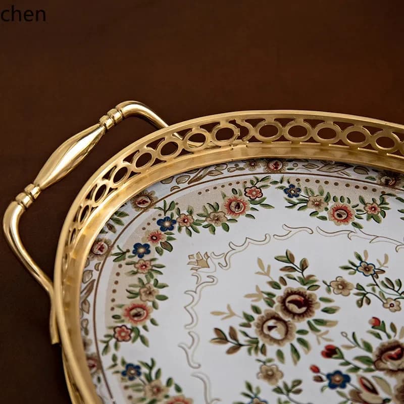O15- Vassoio in ottone per soggiorno, tavolo da pranzo rotondo, porta bicchieri, portaoggetti di lusso, vassoio portafrutta e frutta secca