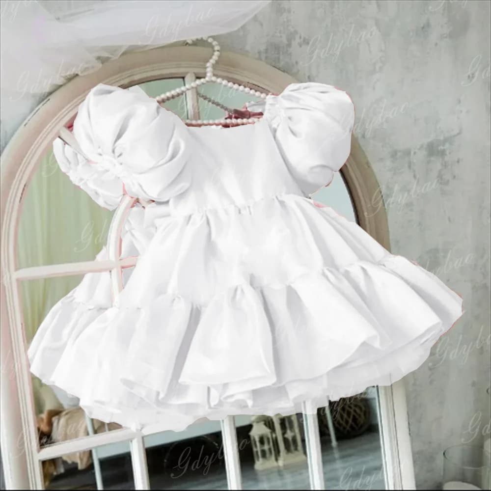 Abito da ragazza con maniche a palloncino in raso bianco personalizzato con fiocco gonfio per ospiti da damigella d'onore Abito da festa di compleanno per prima comunione per bambini