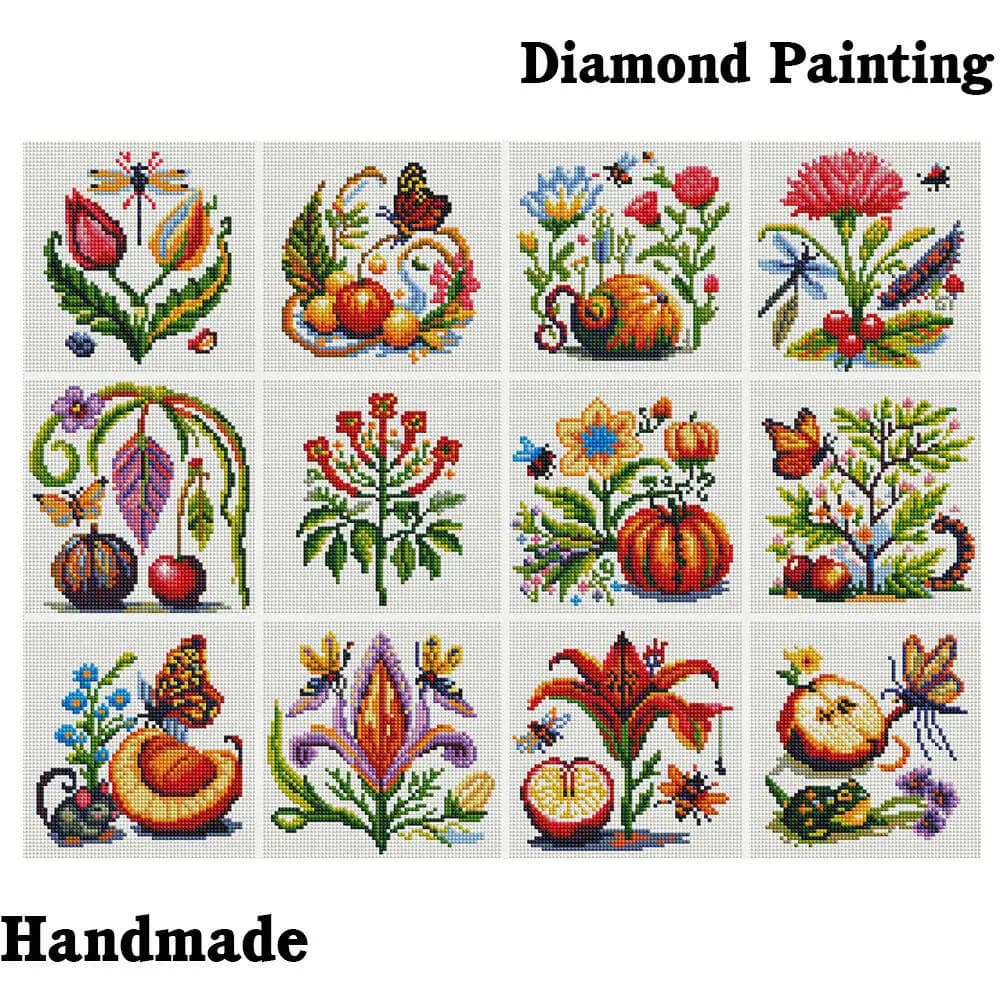 12Pcs 5D Diamond Painting Flower Animal Fruit DIY Round Diamond Embroidery Handmade Decoration For Home