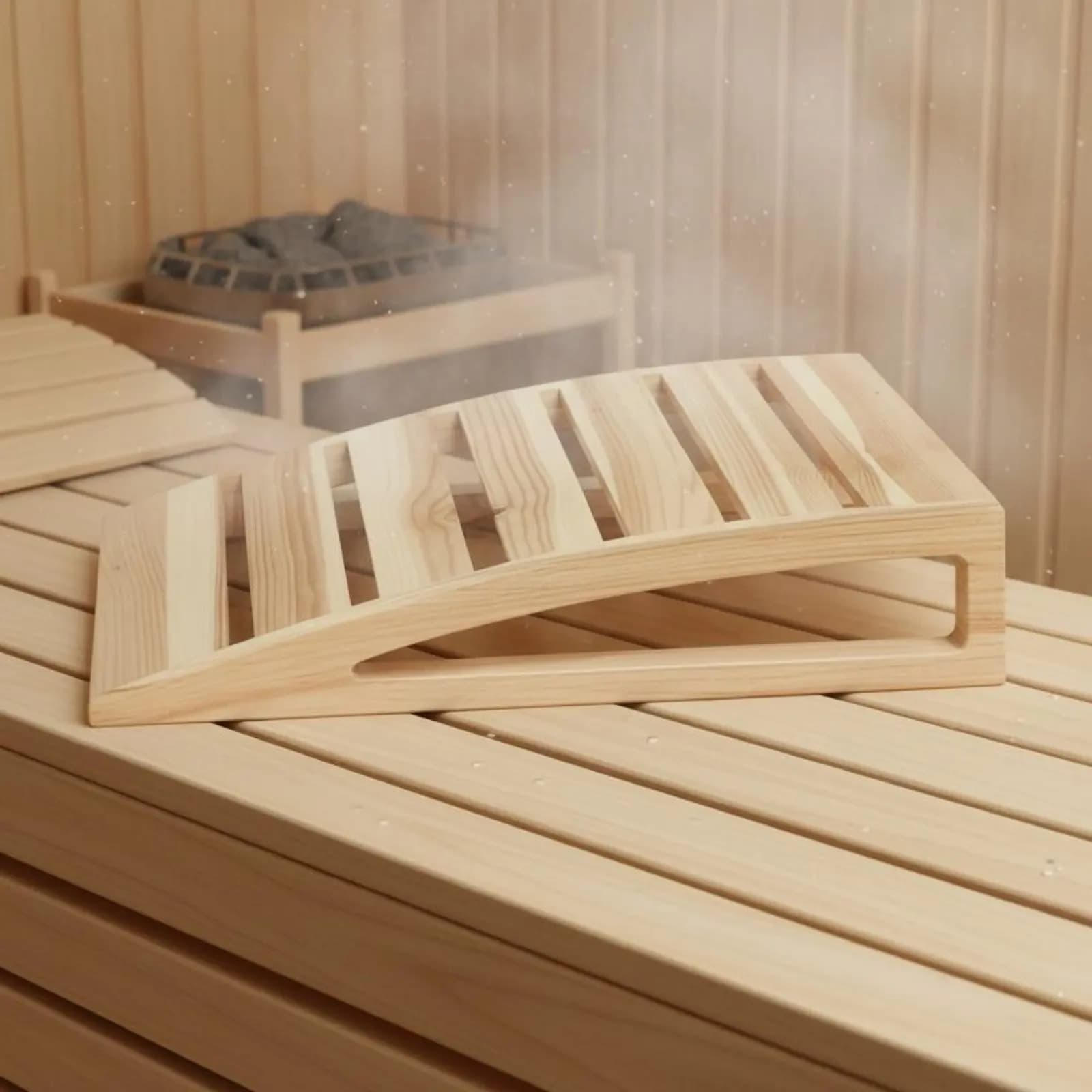 Poggiatesta per Sauna in Legno di Abete con Design a Doghe Traspirante, Cuscino in Legno Resistente al Calore, Accessorio Benessere con Aroma Naturale