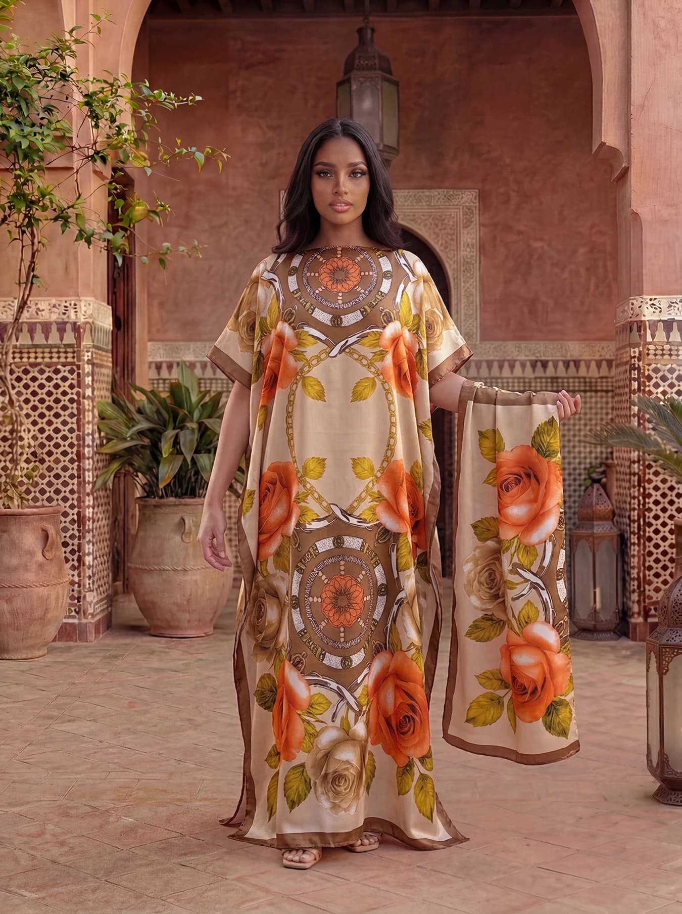 Nuovo Stile Abito Lungo e Ampio in Misto Seta, Copricostume da Spiaggia con Motivo Mediorientale Stampato, Elegante Vestito Lungo per Donne