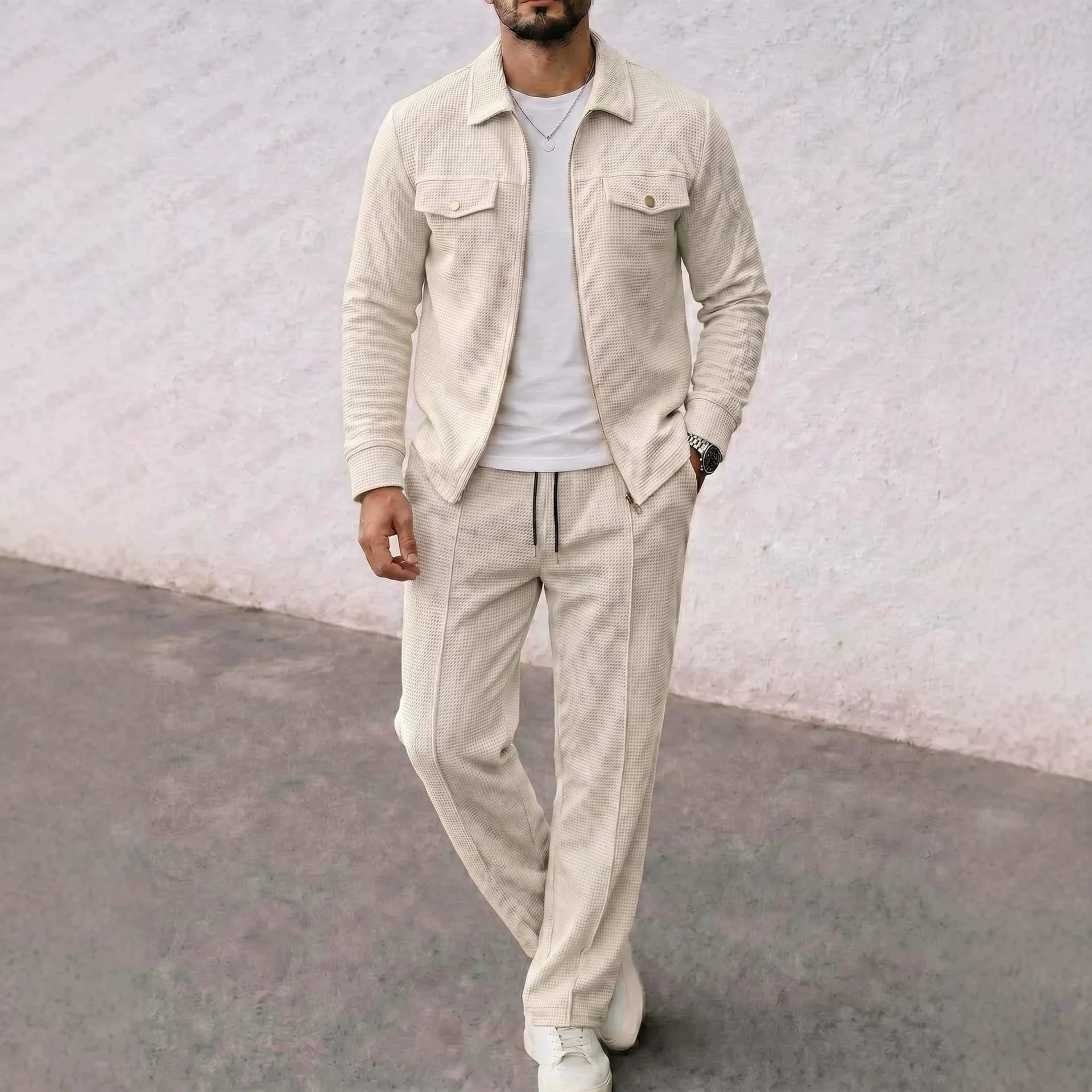 2026 Autumn Men's Sets Solid Color Daily Casual Outerwear Co-Ords Men Fashion Casual Knit 2 Piece Tracksuit Jogger Jacket+Pants