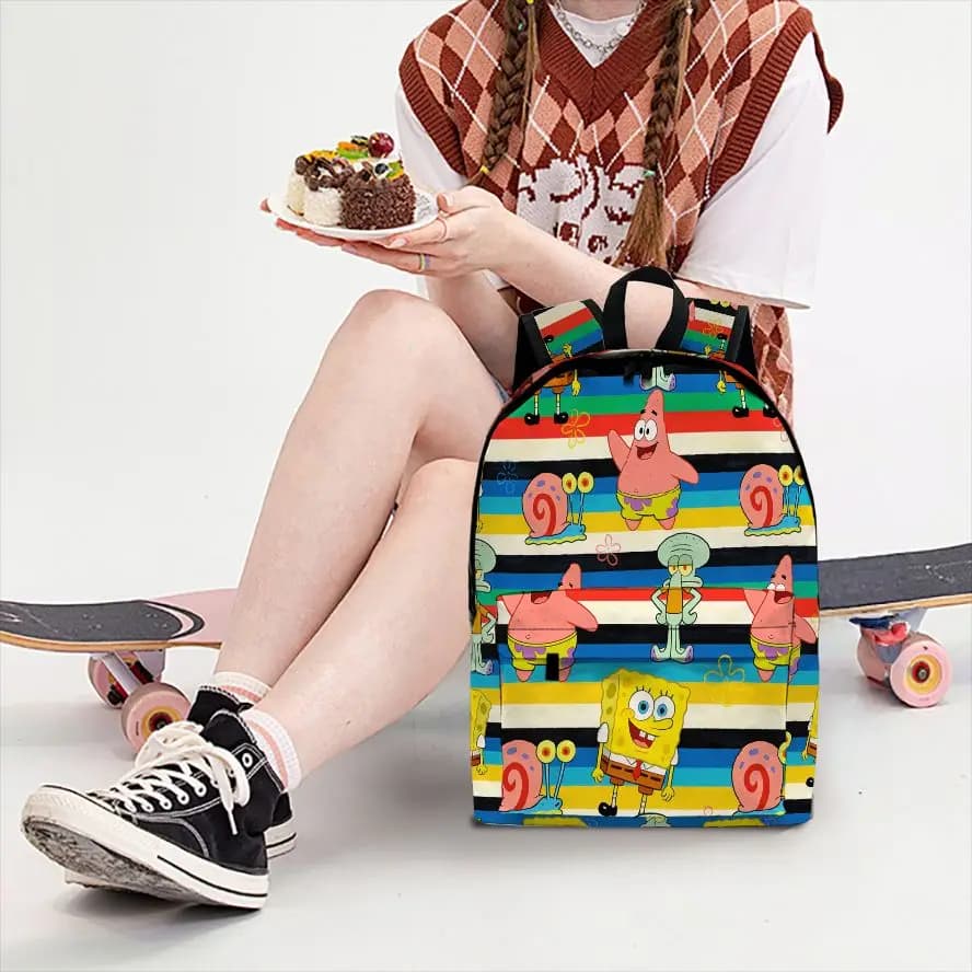 SpongeBob SquarePants Striped Print Backpack, lightweight school bag with laptop compartment, casual backpack for teenagers