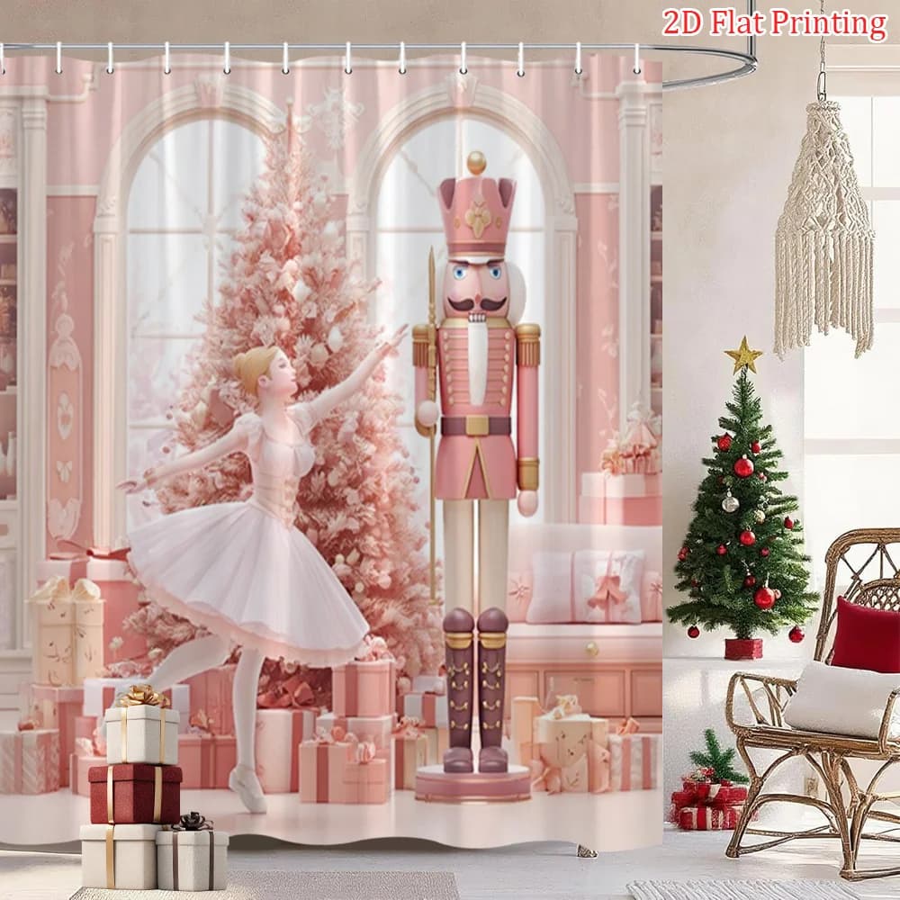 Tenda da Doccia Natalizia con Stampa Schiaccianoci e Albero, in Poliestere, con Ganci, per Decorazioni Festive