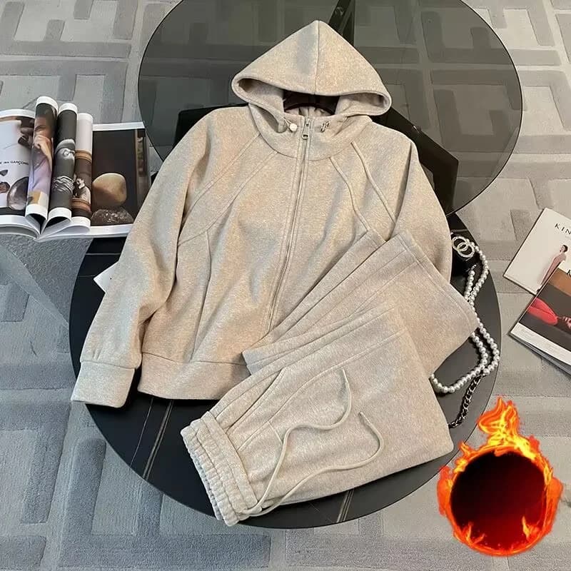 Set Sportivo Casual Stile Coreano da Donna, Autunno Inverno, Felpa con Zip in Pile Semplice e Snellente, Pantaloni a Gamba Larga, Completo Due Pezzi