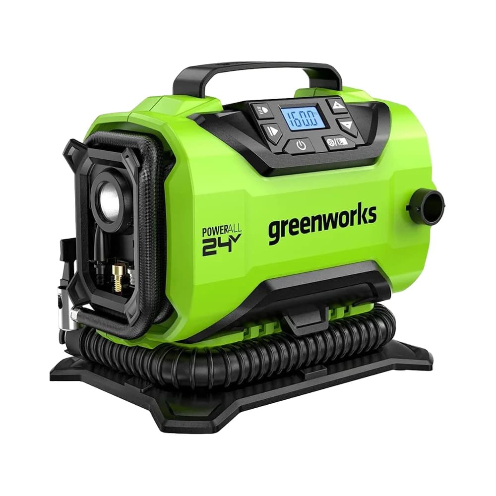 Greenworks 24V Gonfiatore per pneumatici a batteria 160 PSI Compressore d'aria portatile Spegnimento automatico 2 fonti di alimentazione per utensili elettrici per auto e moto