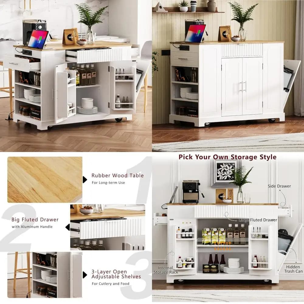 Isola da cucina con ruote su ruote con contenitore per pattumiera nascosta - Tavolo da cucina mobile con presa di corrente, Po multiuso