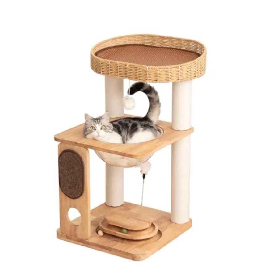 Albero per Gatti Moderno in Legno da 31 Pollici per Gatti di Taglia Grande con Ampi Pali Tiragraffi in Cotone, Base Super Robusta, Posti Riposo Accoglienti e Giochi Interattivi