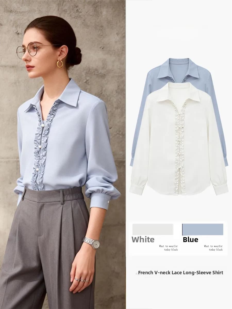 French Style Lace Trim Blouse Women's Gentle V-neck Design Sensation Slimming Professional Top Spring Summer New Arrival