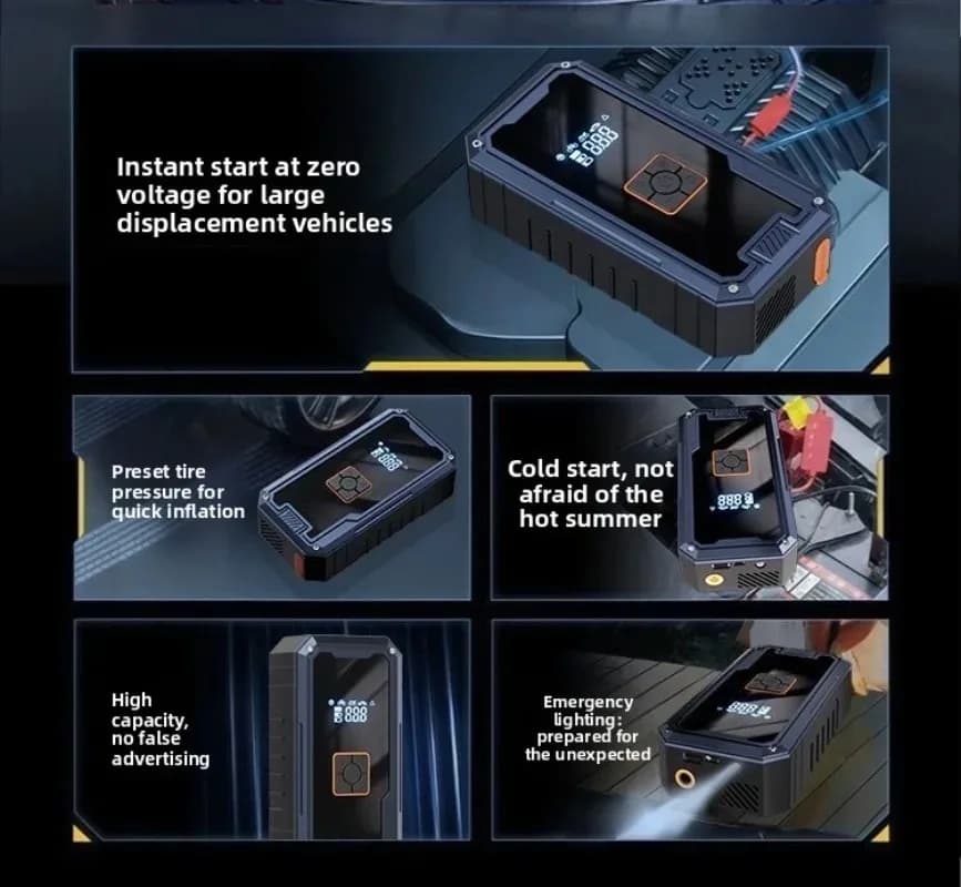 Avviatore di Emergenza per Auto 4-in-1 12V con Compressore d'Aria 150PSI e Power Bank 99800mAh per Veicoli con Motori a Benzina e Diesel