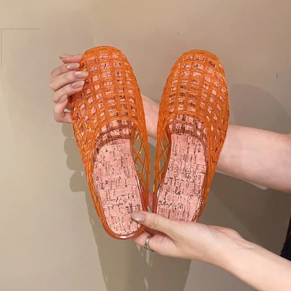 Round Toe PVC Crystal Slippers Soft Non-Slip Fishing Net Jelly Sandals Transparent Flat Low Bottom DIY Shoes Charms Shoes Girls