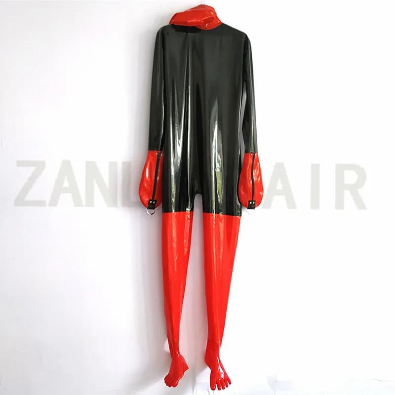 Hot Cool Men Lingerie sexy fatta a mano in lattice nero e rosso impiombato Personalizza dimensioni Tute intere per il corpo con cappuccio Guanti Calzini Fetish