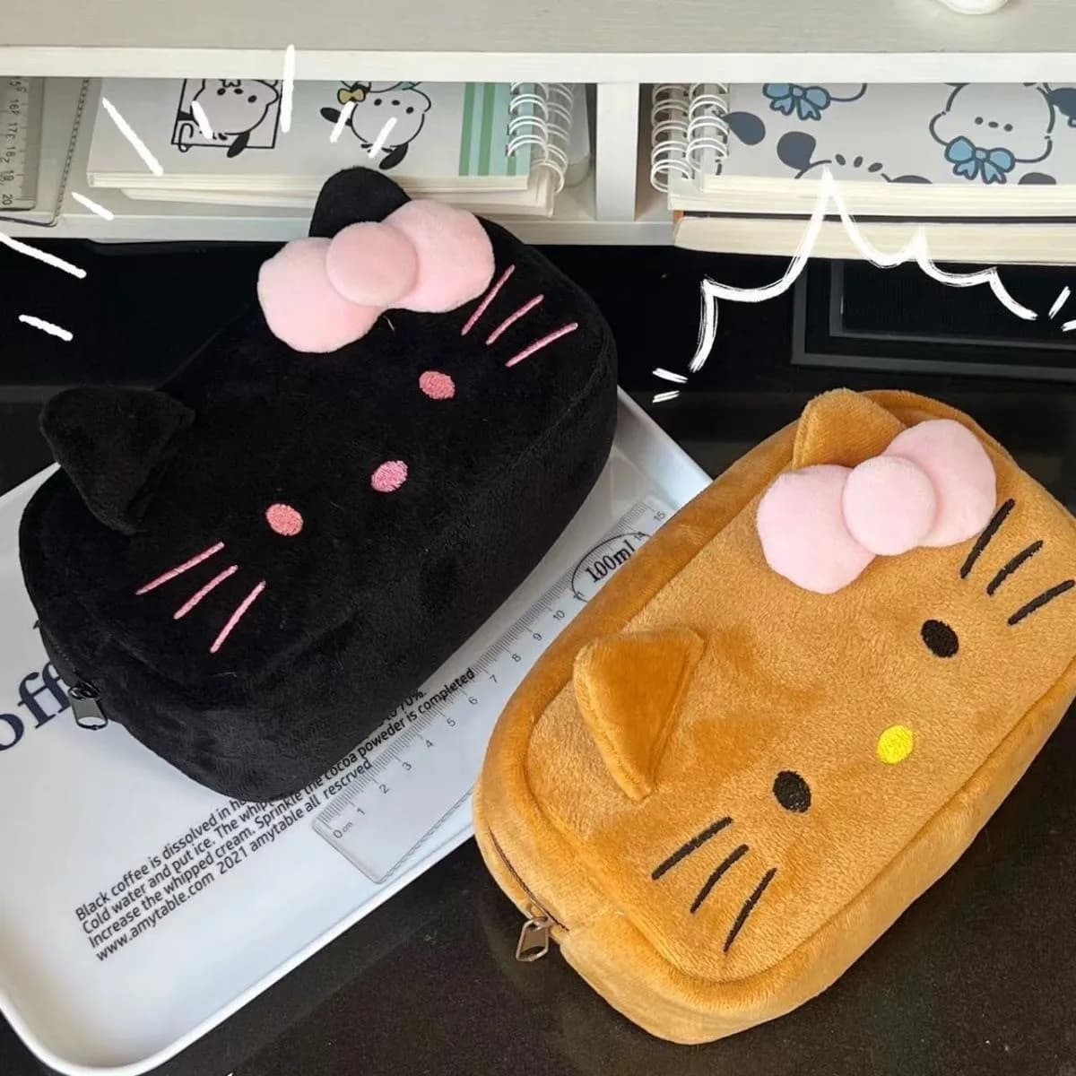 HelloKitty Sanrio Storage Bag Plush Pen Bag Anime Figure Girl Pencil Case Cartoon Large Capacity Student Stationery Storage Bag