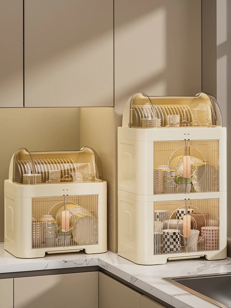 Organizzatore per Cucina in Plastica con Coperchio, Porta Piatti e Tazze, Scolapiatti per Armadietto