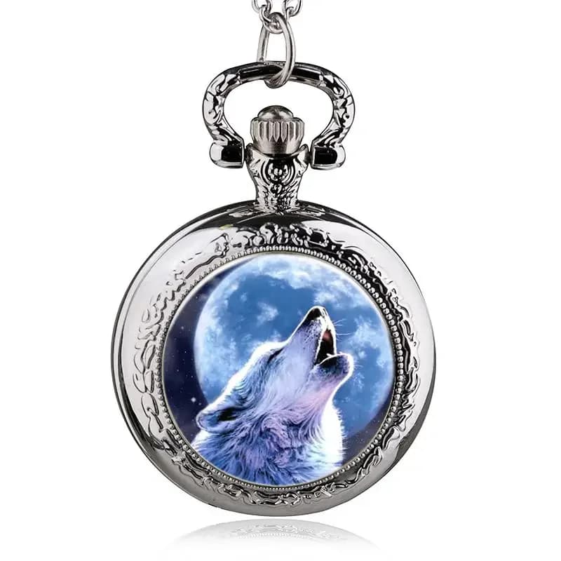Orologio da Tasca al Quarzo con Lupo Argentato, Quadrante Digitale Arabo, Ciondolo Collana, Regalo Donna Uomo, Orologio Pendente con Funzione Cronografo