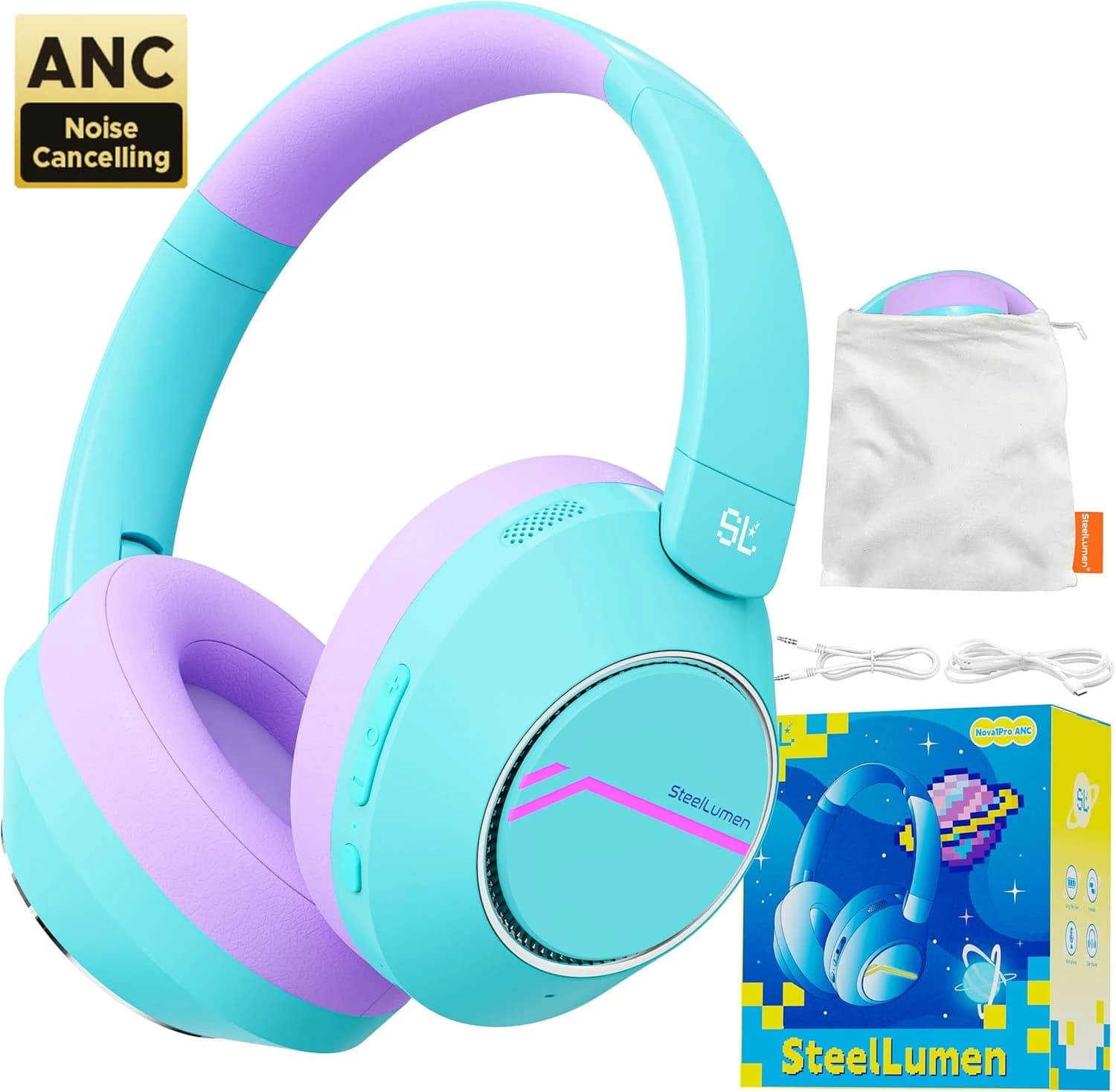Nova1Pro Kids ANC Cuffie Bluetooth senza fili 42dB Auricolari con cancellazione attiva del rumore Cuffie per protezione dell'udito per bambini per i viaggi