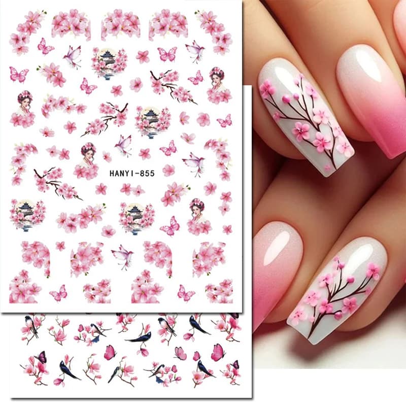 Decalcomanie per unghie 3d Fiore di ciliegio Rosa Sakura Fiori Farfalle Uccelli neri Cursori Adesivi Decorazione per unghie Manicure