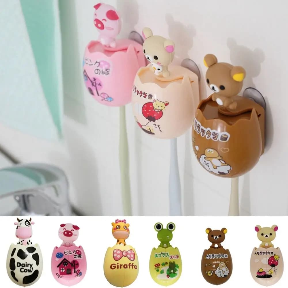 Portaspazzolino a forma di uovo in plastica, a forma di animale, antibatterico, per bambini, con doppia ventosa