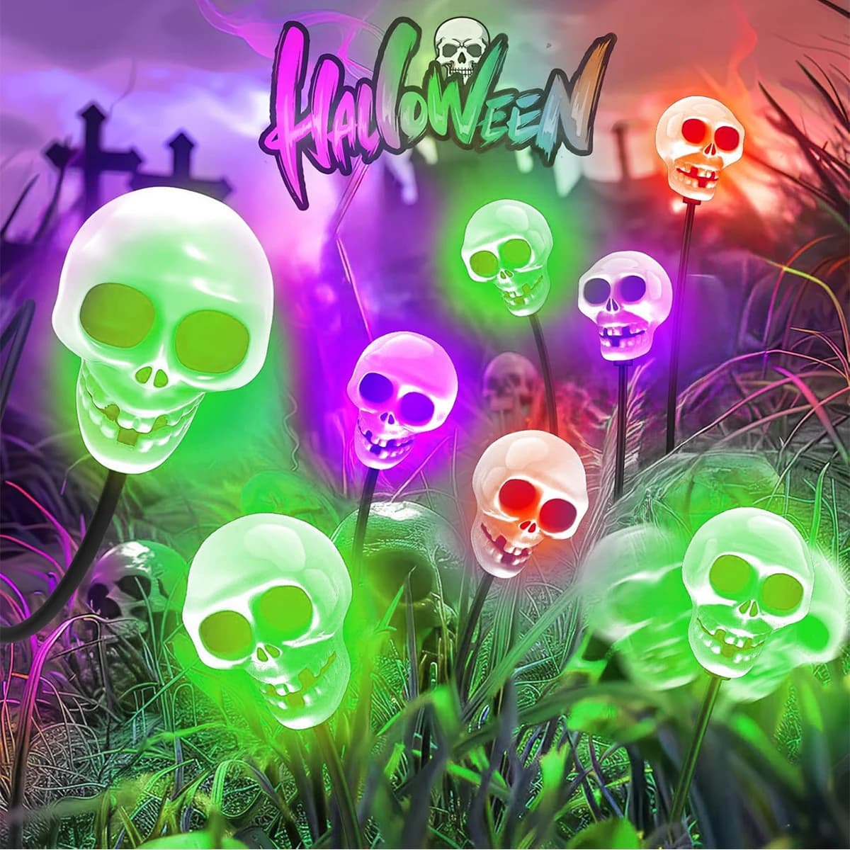 1/2pcs Halloween Solar Firefly Light LED Swaying Garden Landscape Light Sway By Wind waterproof path lamp with solar light skull