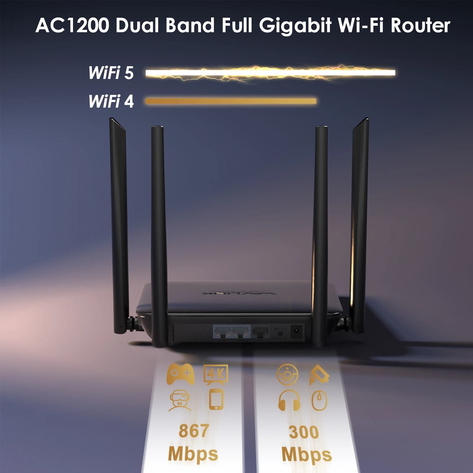Router WiFi Wireless WAVLINK Dual Band AC1200 2.4GHz 5GHz, Router Wi-Fi Full Gigabit con 4 Antenne ad Alto Guadagno 5dBi, WPS, IPV6, Versione EU