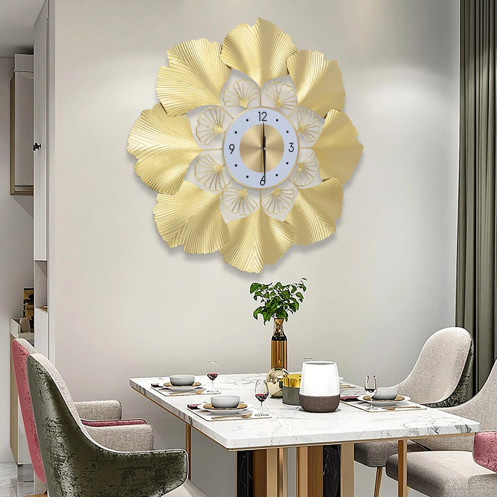 Orologio da Parete 3D Creativo Ginkgo Biloba, Design con Quadrante Dorato, Movimento Silenzioso con Secondi Continui, Digitale per Studio e Ufficio