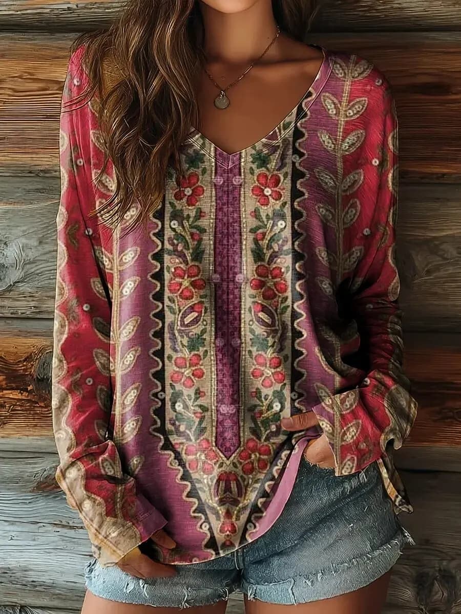 Top da donna con stampa floreale vintage boho a maniche lunghe con scollo a V, da indossare ogni giorno, viola