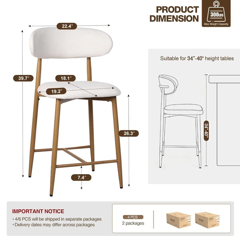 Modern Upholstered Bar Stools, Metal Legs For Kitchen Island, Counter Height Set Of 4, Custom