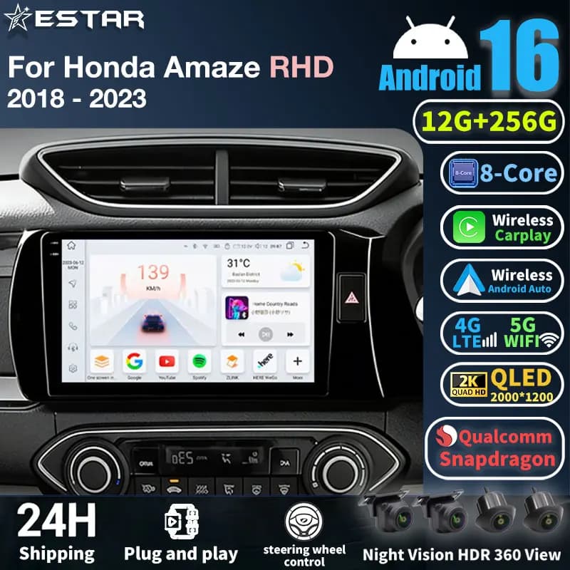 Autoradio Android 16 per Honda Amaze 2018-2023 (RHD) con GPS, Lettore Multimediale, Navigatore, Wireless Carplay, Telecamera 360, DSP Stereo