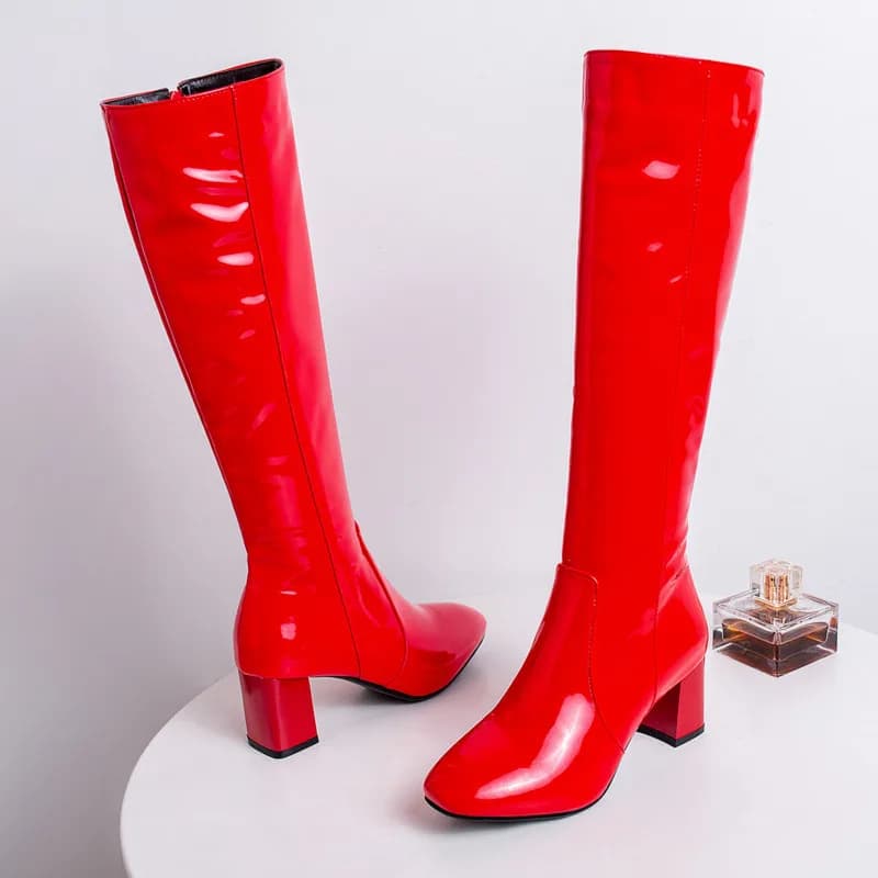 Stivali alti al ginocchio da donna autunno inverno Stivali alti al ginocchio in pelle verniciata Donna Impermeabili Bianco Rosso Nero Scarpe fetish da festa Lady