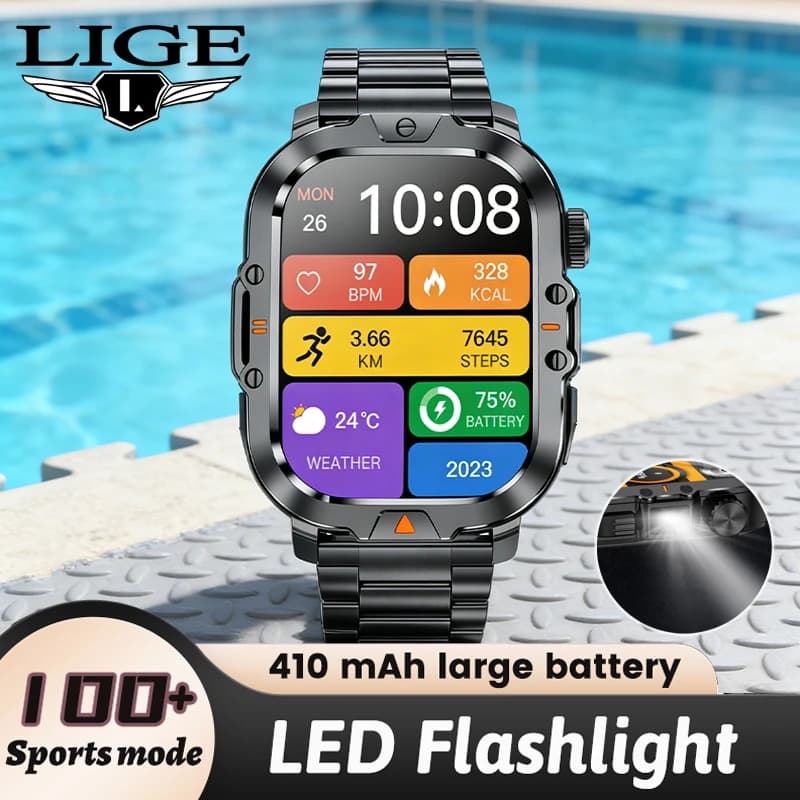 LIGE Smartwatch con Schermo Touch Completo, Batteria da 410mAh, Luce LED, Funzioni Sportive e Fitness, Chiamate Bluetooth, Impermeabile IP68, Braccialetto Intelligente da Uomo