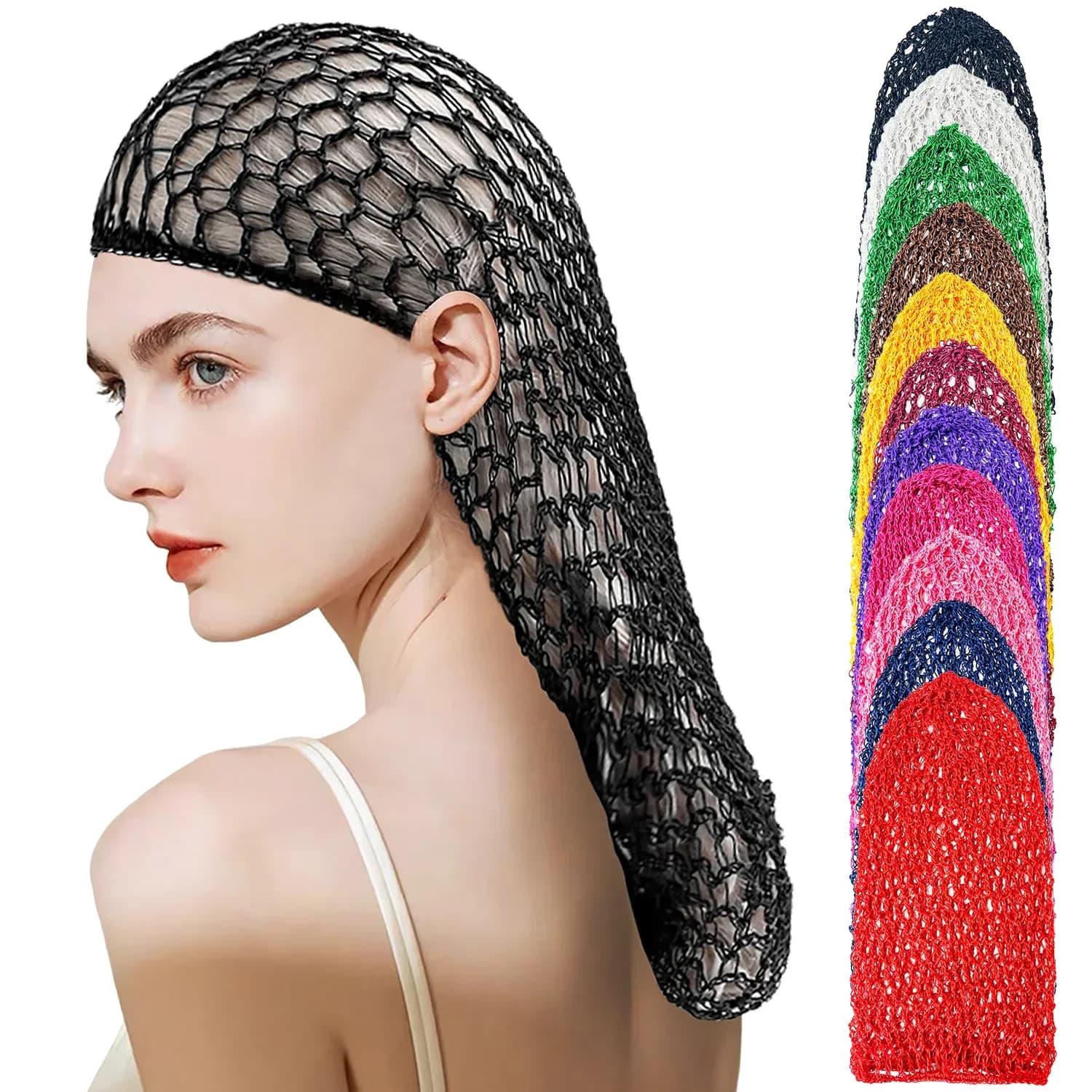 Moda Donna Snood per capelli all'uncinetto con bordo elastico Retina per capelli lunghi Maglia per dormire Berretto da notte Turbante Copricapo Retina per capelli