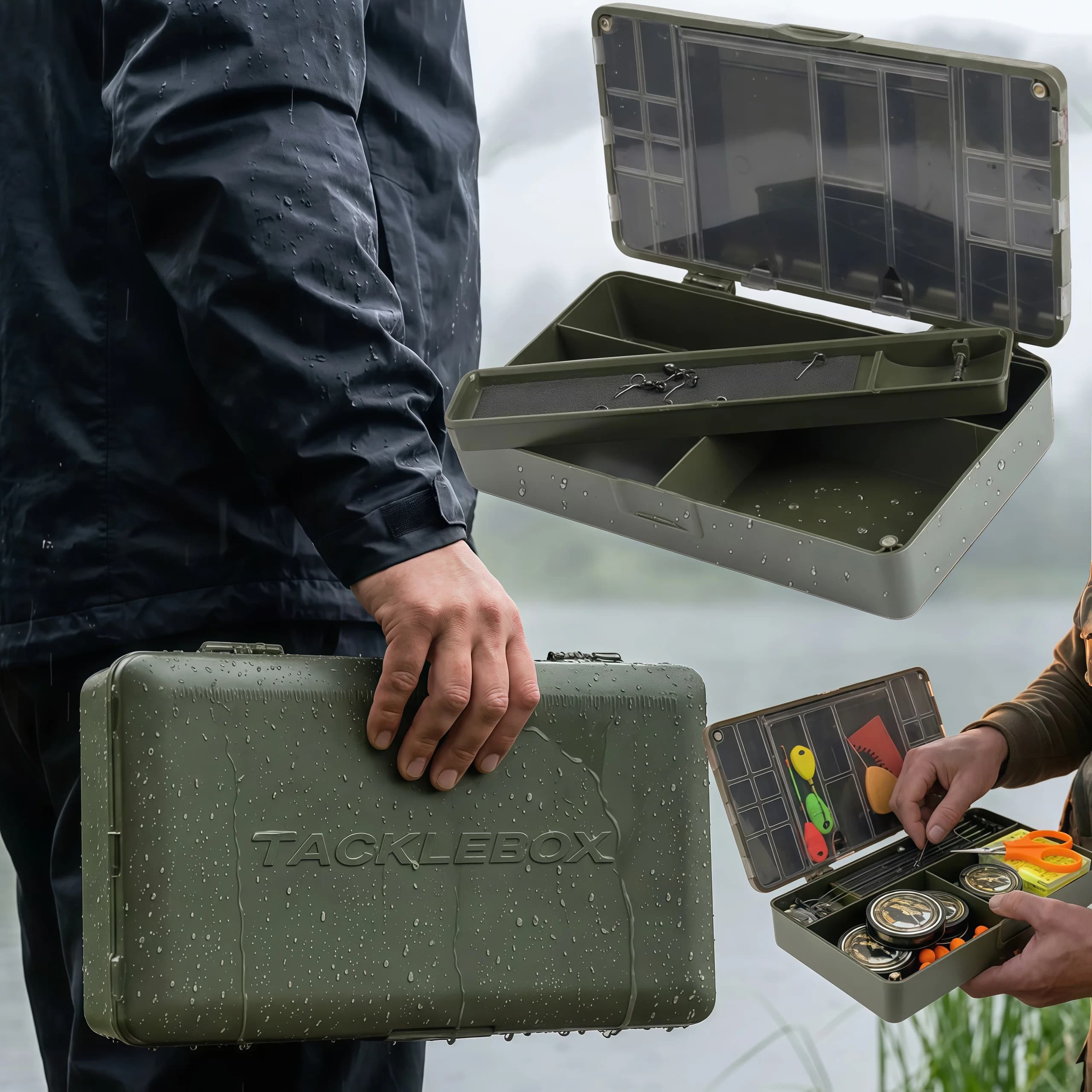 Army Green European-Style Carp Fishing Accessory Storage Box with Pin-Insert Sponge Fishing Tackle Box, Large Capacity Fishing Parts Organizer Box, Double-Sided Multi-Compartment Fishing Gear Storage Box, Carp Fishing Portable Storage Box, Outdoor Fishing European-Style Tackle Accessory Box