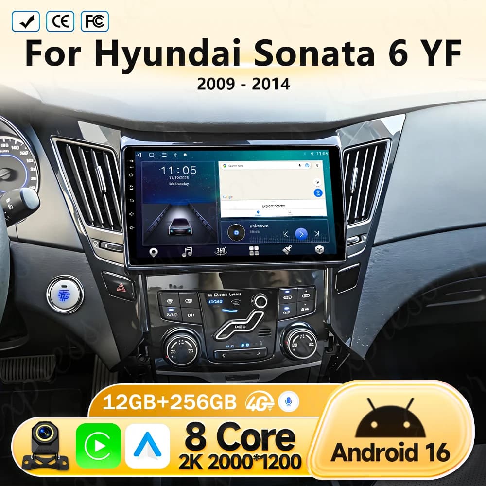 Android 16 For Hyundai Sonata 6 YF 2009 - 2014 Carplay Auto Radio Stereo Head Unit Multimedia Player 8 CORE IPS QLED Navigation