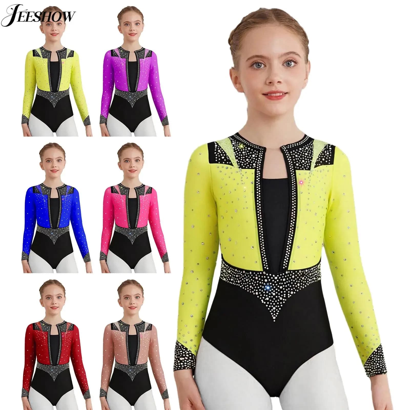 Body da ginnastica per bambina con blocchi di colore, strass scintillanti, manica lunga, buco della serratura sul retro, body da pattinaggio di figura, balletto, danza