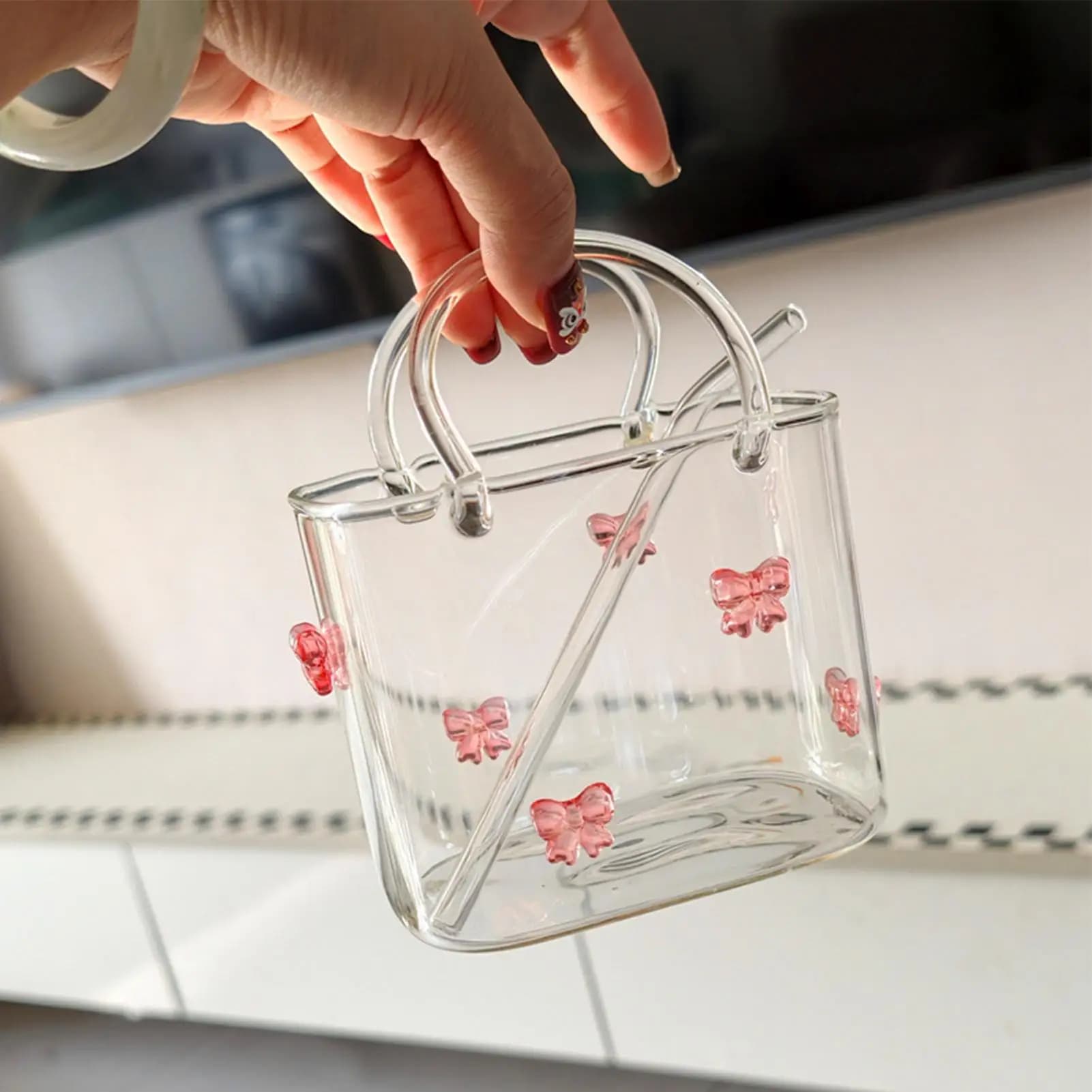720ml Portable Handbag Glass Cup Creative Cocktail Glasses Cups Funny Fruit Wine Glass Cups Ins Style Bag Glass With Straw