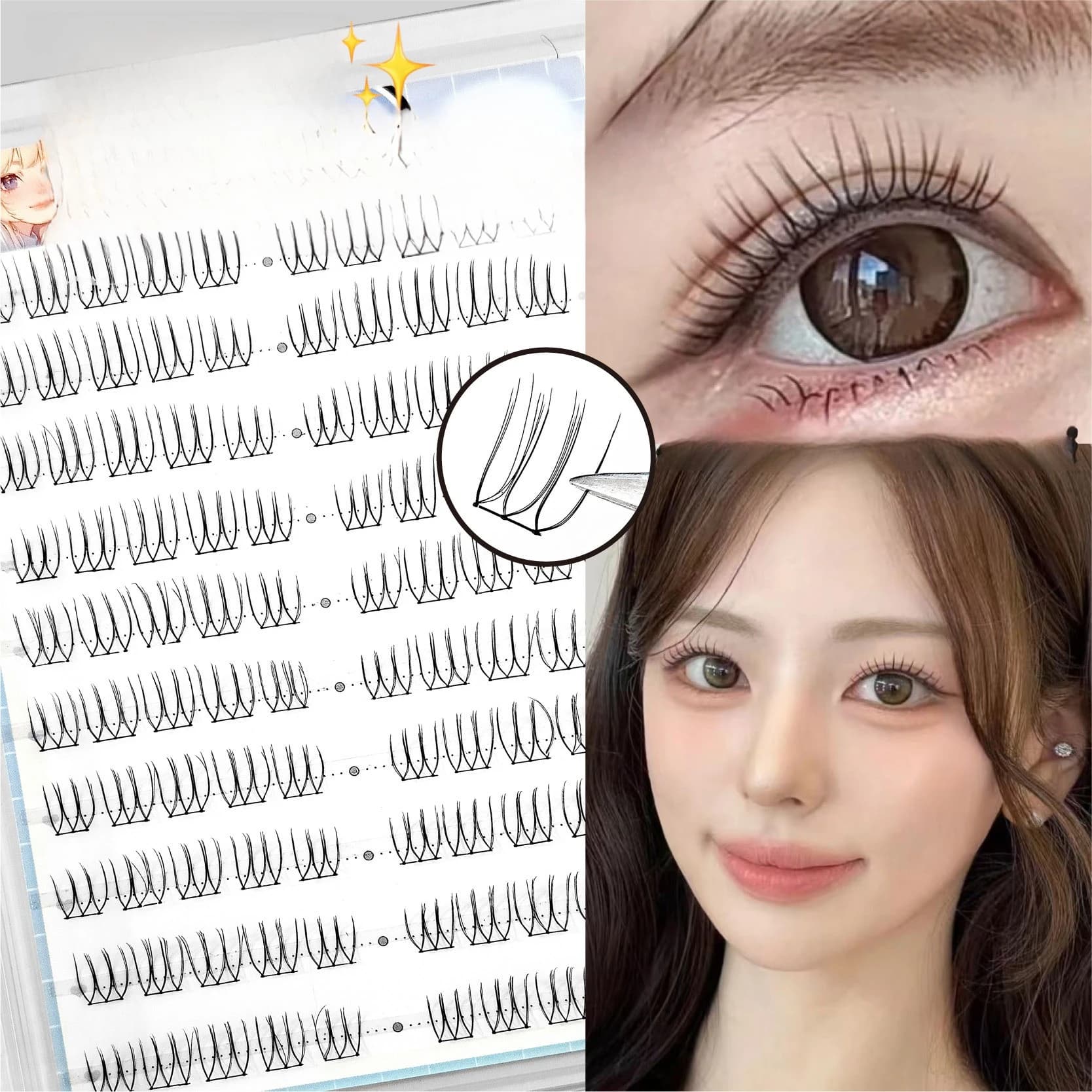 Jiefuxin Cluster per ciglia 100 pezzi in pelle a mano a forma di U Gruppo femminile Ciglia finte Morbide e confortevoli Cartoon Eye Fairy Fa