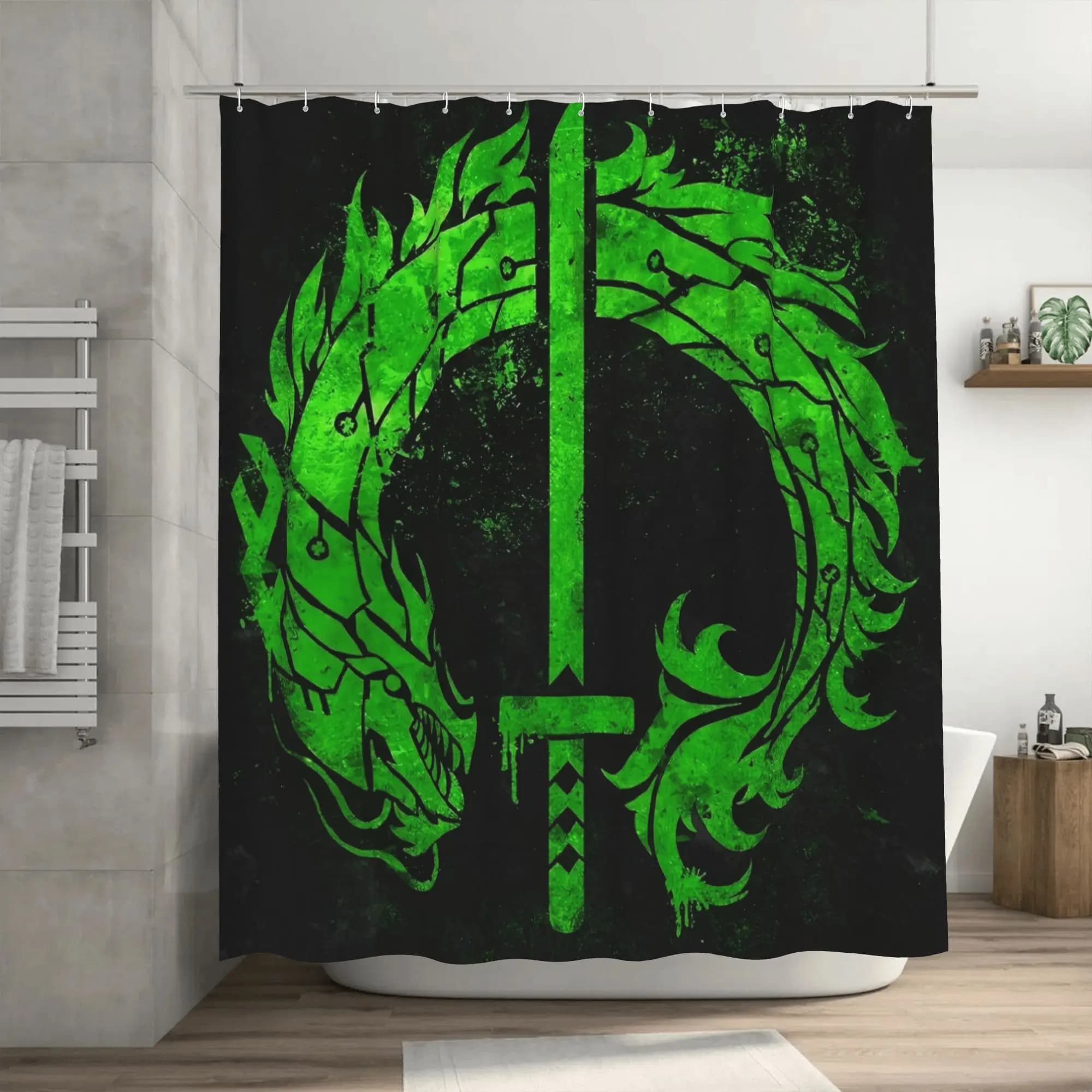 Tenda da doccia rimovibile in poliestere con stampa di armi Genji, dotata di un elegante design a spada in verde e nero, perfetta per Rol